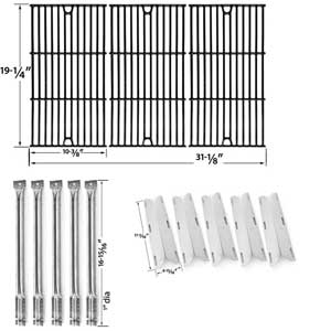 Replacement Repair kit For Charmglow 720-0396, 720-0578 Five Burner Gas Grill - 5 Stainless Steel Burners, 5 Stainless Heat Shields and Porcelain Cast Cooking Grates, Set of 3