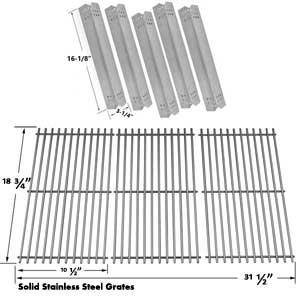 Replacement Kit For Jenn-Air 720-0709 ,720-0709B, 720-0727 Gas Grill Models - 5 Heat Shields and 8MM Stainless Steel Cooking Grates, Set of 3